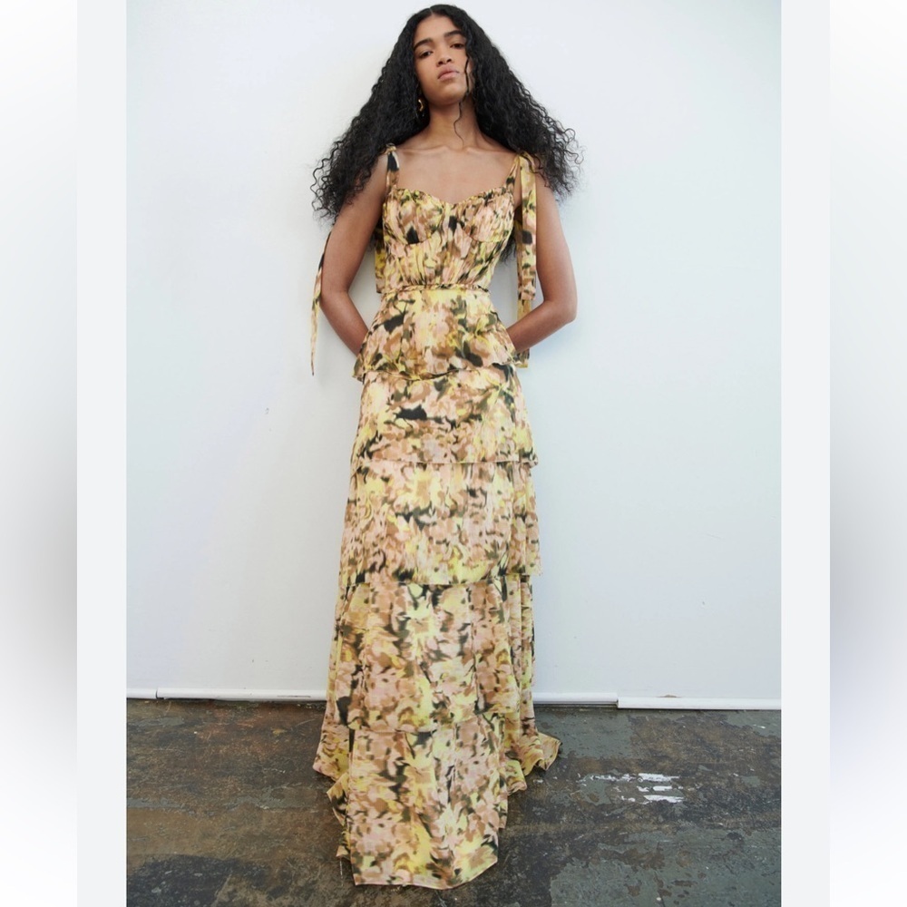 Tanya Taylor yellow floral ruffle sleeveless maxi dress